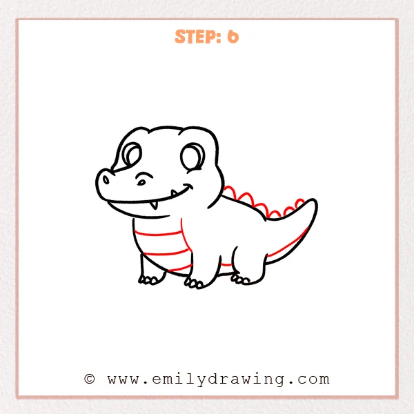 how to draw a cartoon alligator - Cartoon alligator with added rounded back spikes, curved belly stripes, and a short underside line on the tail for extra detail.